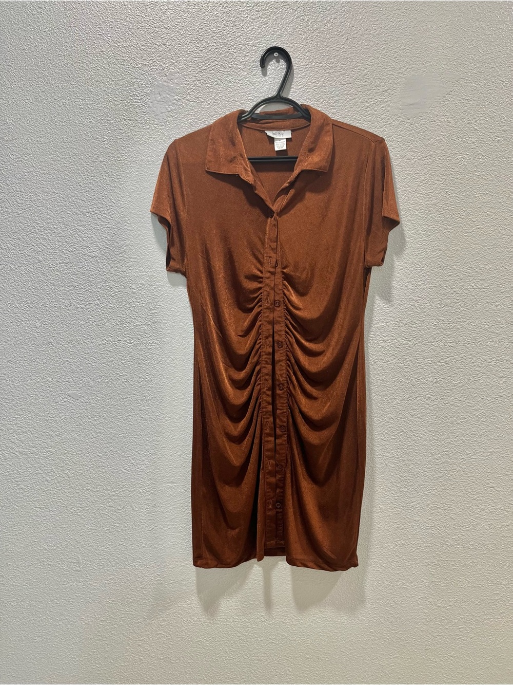 Button-Front Ruched Mini Dress in Rust